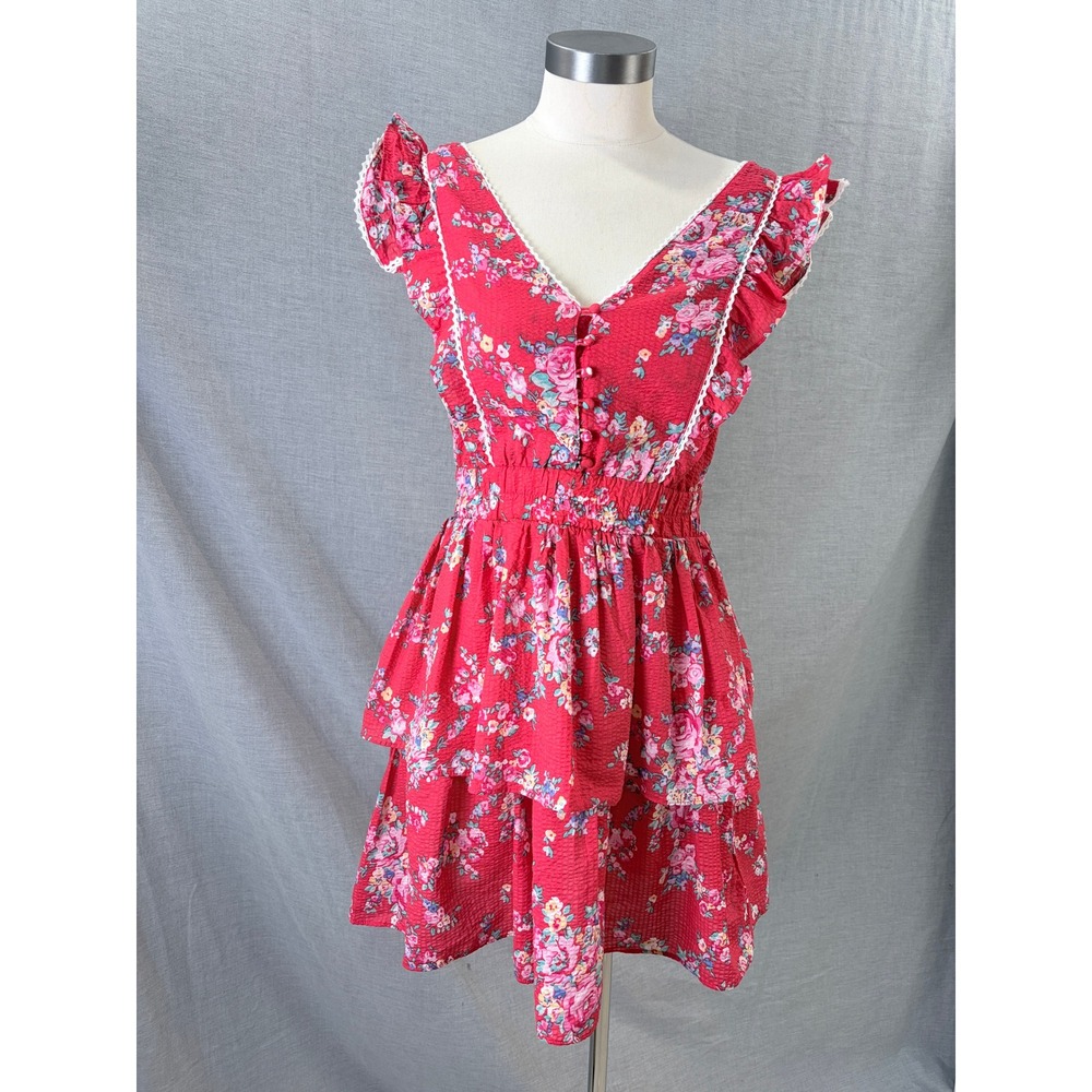 Betsey Johnson Mini Dress Red Floral Tiered Ruffle Lace Trim XS